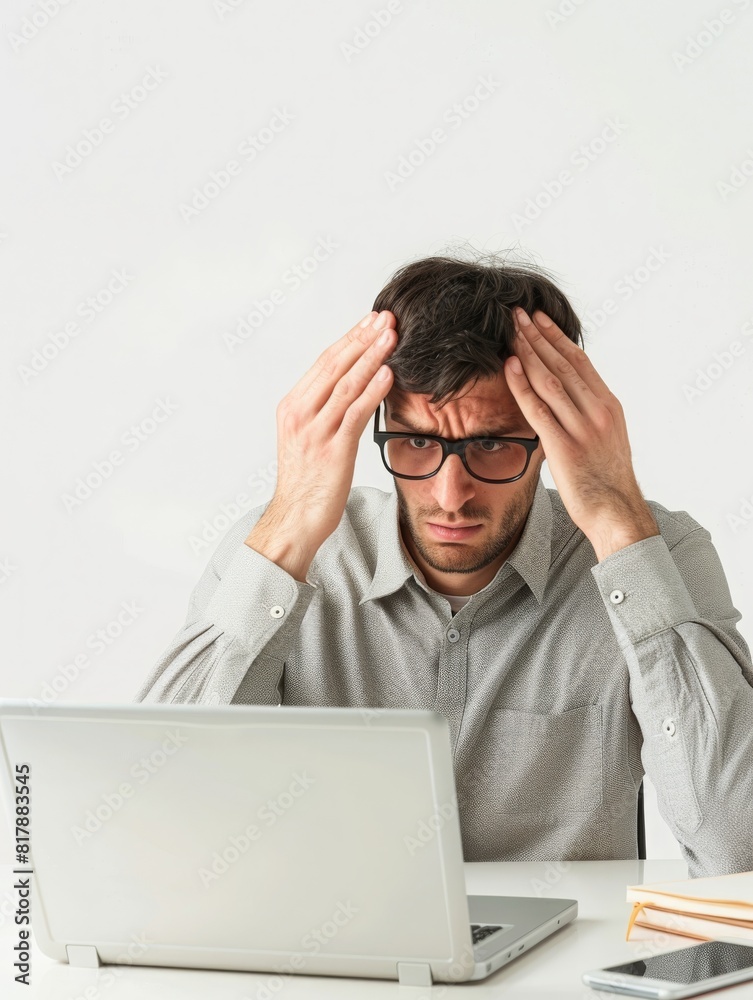 Close-up of a young man at a computer desk with a splitting headache and holding his head in his hands with an expression of pain Close-up of a young man at a computer desk with a splitting headache and holding his head in his hands with an expression of pain