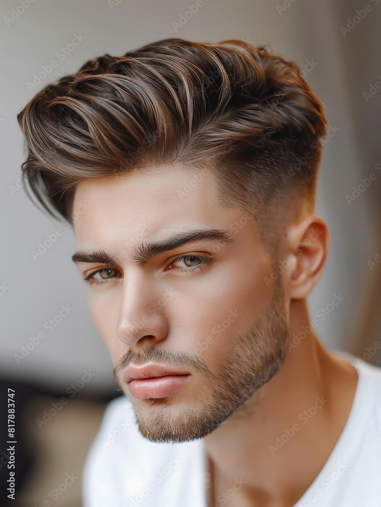 Obraz premium Stylish man sporting a side-part fade with a low skin head style haircut