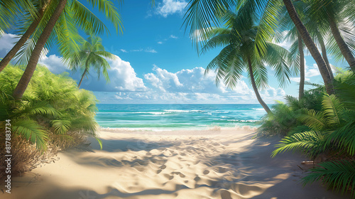 A beach scene with palm trees and a clear blue sky