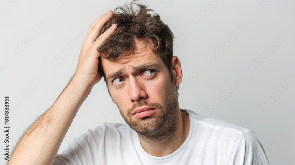 Close-up of a young man with a splitting headache holding his head in his hands with an expression of pain Close-up of a young man with a splitting headache holding his head in his hands with an expression of pain