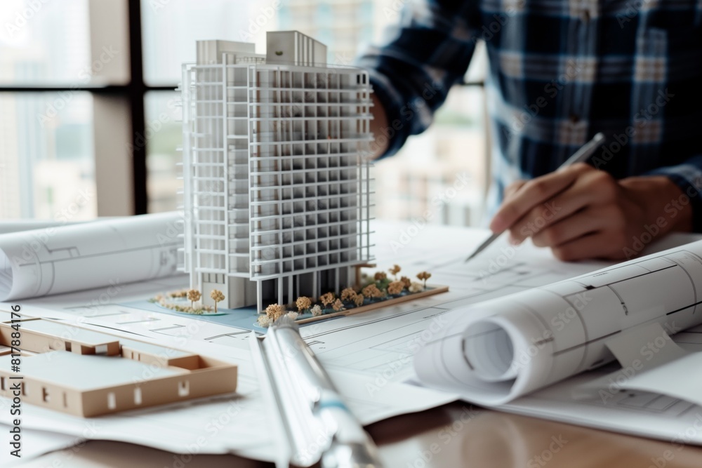 Architect working on a high-rise building model, with blueprints and architectural plans spread on the table, indicating a design and planning process.