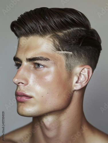 Stylish man sporting a side-part fade with a low skin head style haircut,