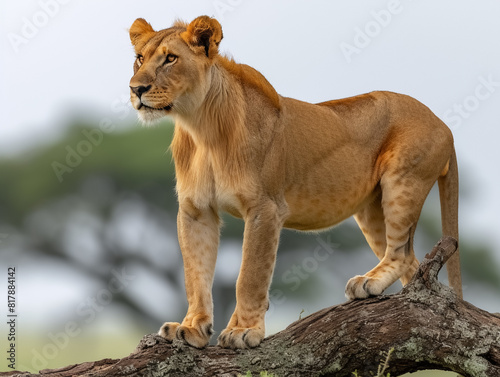 A lion  Panthera leo   sitting on an old tree trunk in the Seringetti  AI generated
