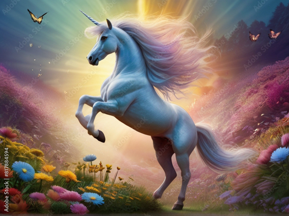 In a whimsically enchanting magical landscape a dazzling dreamlike rainbow unicorn gallops in a meadow of pastel-hued flowers