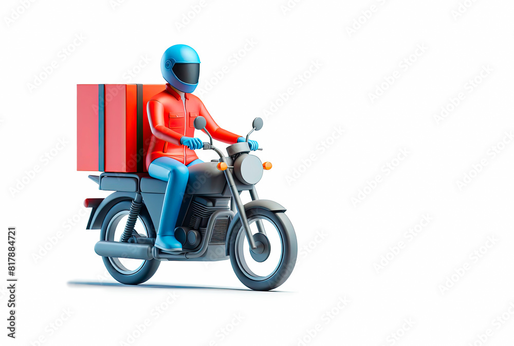 3D courier, delivery man in uniform with box on a moped isolated on white background. Fast transport express home delivery. 3D courier, delivery man in uniform with box on a moped isolated on white background. Fast transport express home delivery.