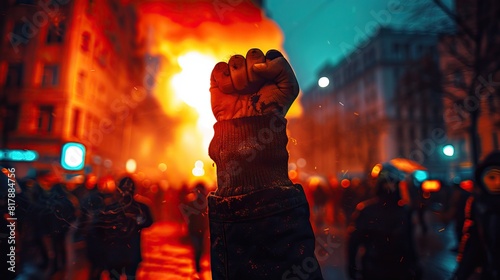 Protester’s fist raised in defiance amidst a fiery street protest with police presence and scattered debris