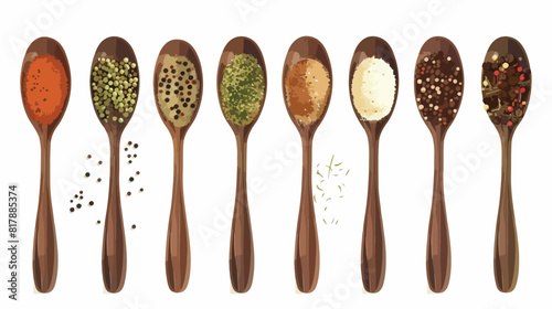 Spoons with different spices on white background vector