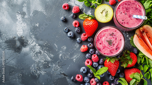 a glass of vivid colorful fruit smoothie with copy space