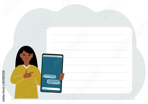 A woman holds a mobile phone with correspondence and SMS messages in his hand. Advertising, poster, place for text. Vector flat illustration.
