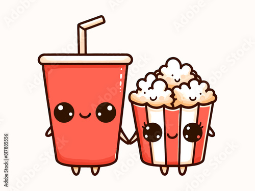Cute kawaii popcorn and cola. Fast food. Vector cartoon illustration.