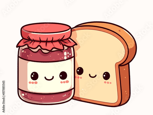 Cute kawaii bread and jam pair. Vector illustration.