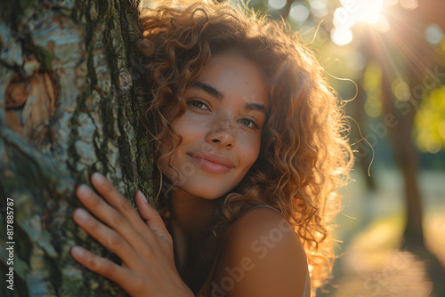 Beautiful woman with red curly hair outdoor. Forest bathing and hugging trees promotes stress reduction and prevents depression	