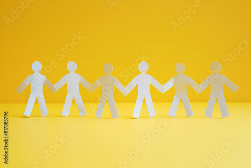 A row of paper people holding hands on yellow background 