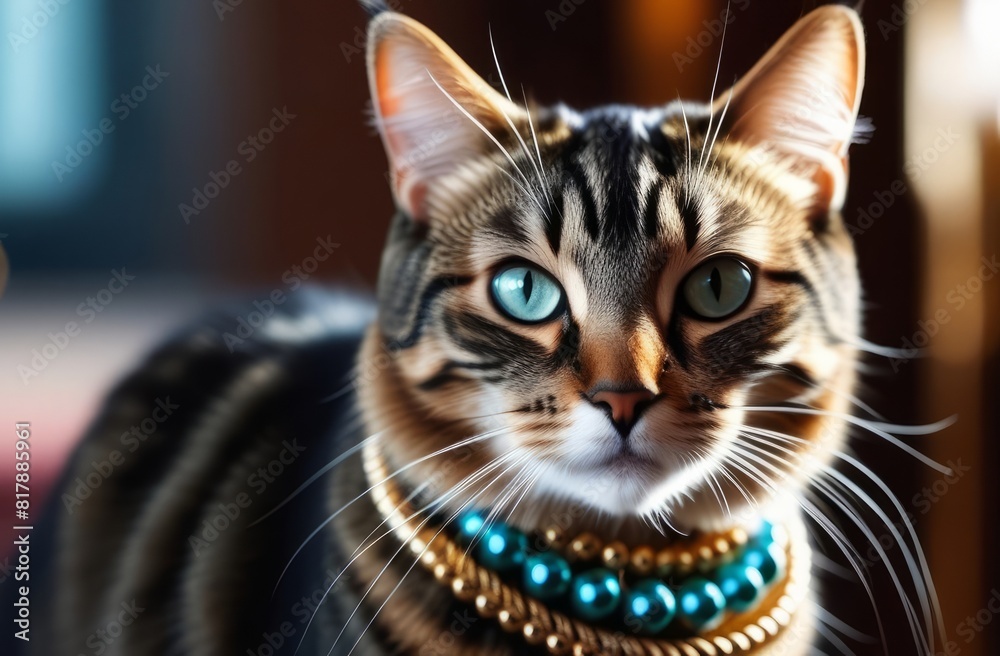 Naklejka premium A beautiful cat with beads around her neck.
