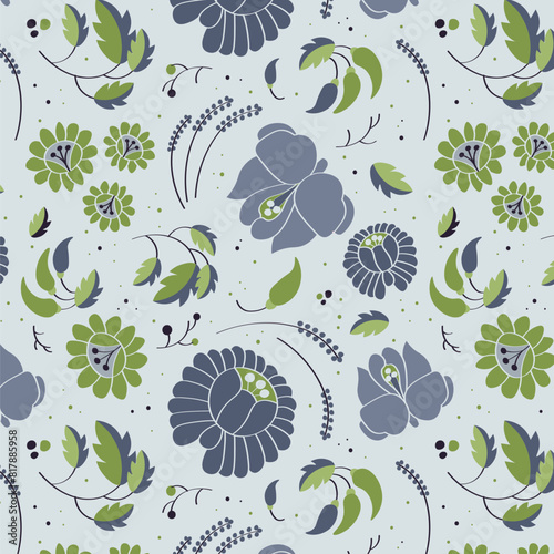 Hungarian flower pattern green blue. Vector illustration background