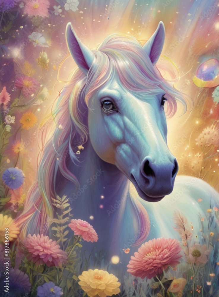 In a whimsically enchanting magical landscape a dazzling dreamlike rainbow horse gallops in a meadow of pastel-hued flowers In a whimsically enchanting magical landscape a dazzling dreamlike rainbow horse gallops in a meadow of pastel-hued flowers