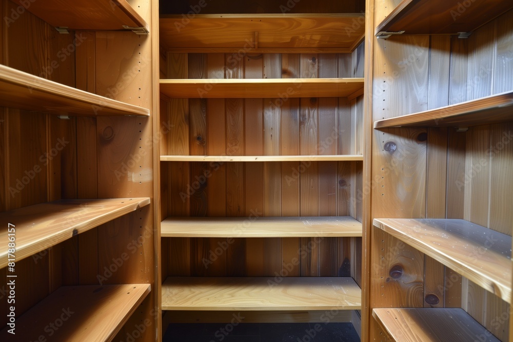 Empty wooden pantry shelves with a warm brown finish, ready for storage or organization. Empty wooden pantry shelves with a warm brown finish, ready for storage or organization.