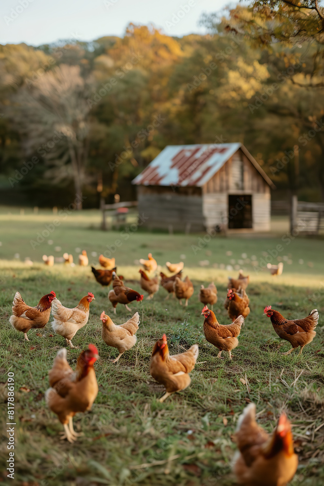 Fototapeta premium Free-Range Chickens Roaming in a Natural Farm Setting