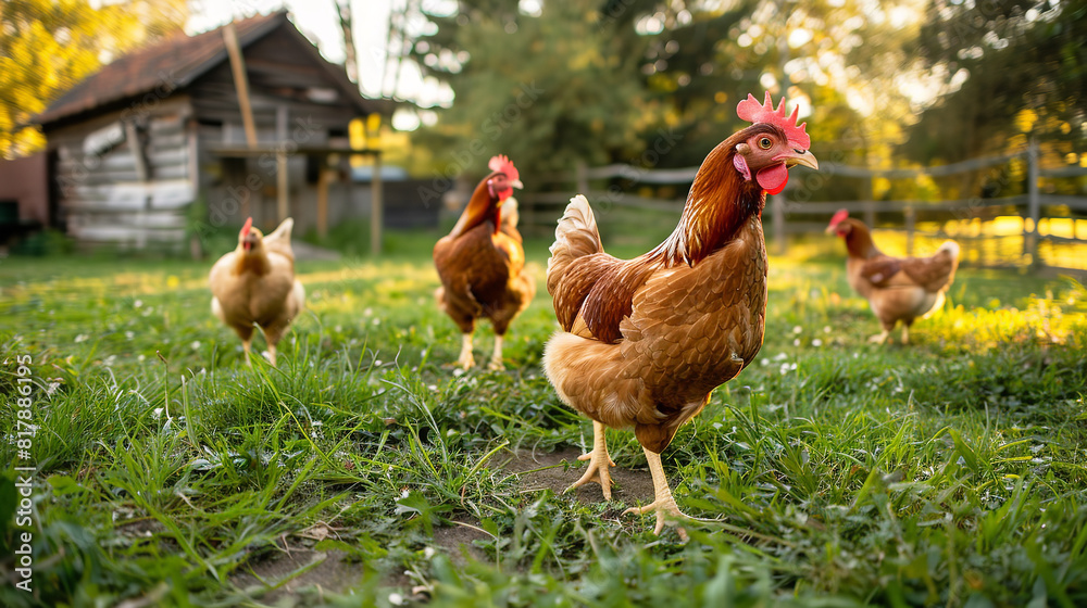 Fototapeta premium Free-Range Chickens Roaming in a Natural Farm Setting