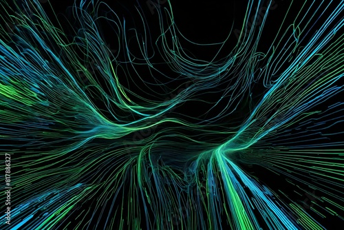 an image inspired by the concept of digital data flow  with neon blues and greens coursing through a black backdrop.