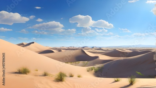  A tranquil desert landscape with towering sand dunes under a brilliant blue sky