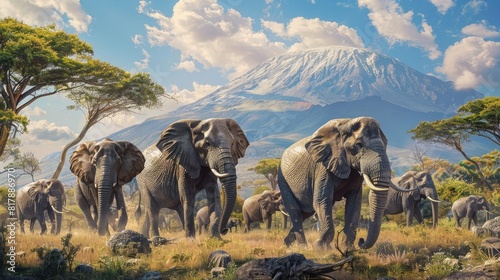 large elephant group walking with mountain in background realistic