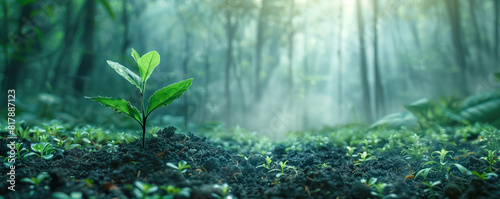 New young seedling growing out of black soil in the forest. Saving environment concept.