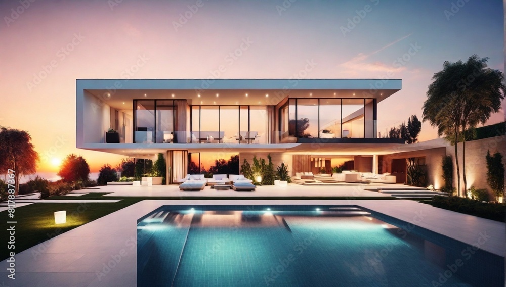 Fototapeta premium Modern luxury house with backyard and swimming pool at sunset 