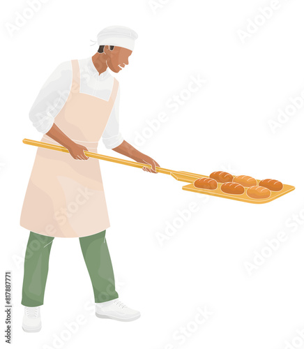 male  African American character baker with bread shovel