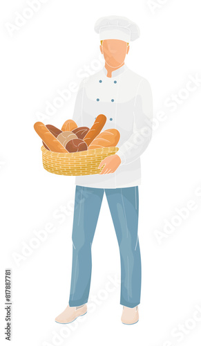 male  character baker standing with a basket of bread 
