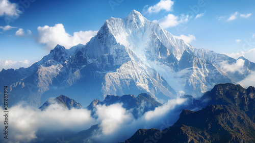 A mountain range with a snow covered peak and a cloudy sky