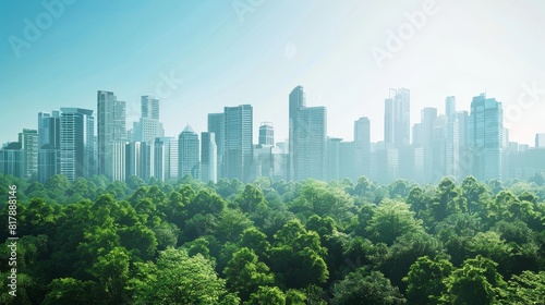 Conceptual image of sustainability  a city skyline merging with a lush forest under a clear sky