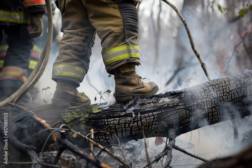 Close-up of firefighters in protective gear standing on a charred tree during a forest firefighting operation.