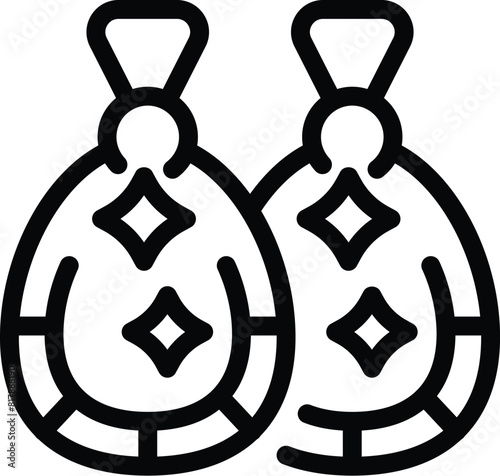 Black and white line drawing of a pair of stylish dangle earrings with gemstones