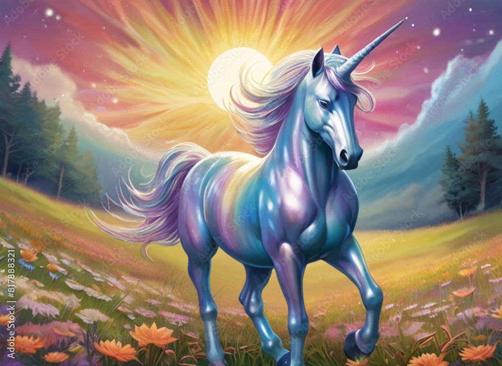 In a whimsically enchanting magical landscape a dazzling dreamlike rainbow unicorn gallops in a meadow of pastel-hued flowers In a whimsically enchanting magical landscape a dazzling dreamlike rainbow unicorn gallops in a meadow of pastel-hued flowers