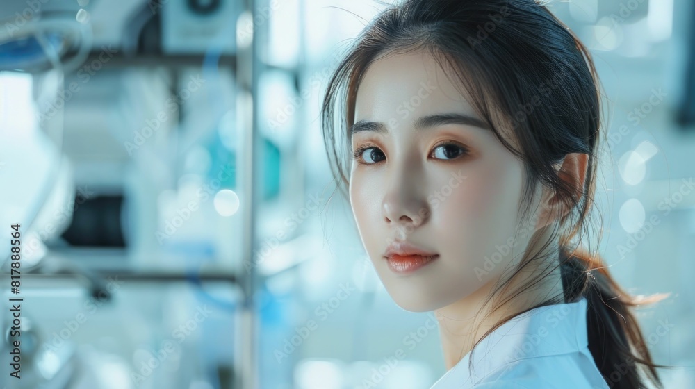 Poised Korean Woman Awaiting Cosmetic Transformation in Tranquil Medical Setting Poised Korean Woman Awaiting Cosmetic Transformation in Tranquil Medical Setting