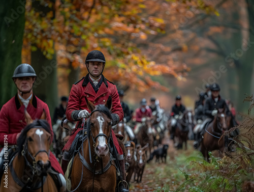 traditional fox hunting with traditional clothing in England on horseback with dogs over hill and dale