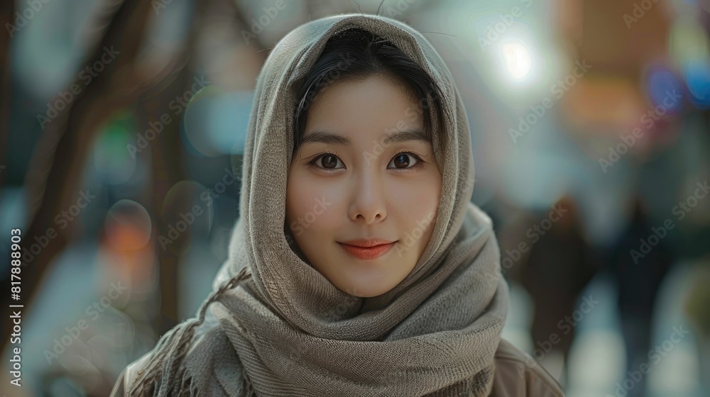 Elegant Portrait of an Asian Woman Wearing a Graceful Headscarf in an Urban Setting Elegant Portrait of an Asian Woman Wearing a Graceful Headscarf in an Urban Setting