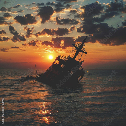 Silhouette Shipwreck The The Over Against Sunset photo