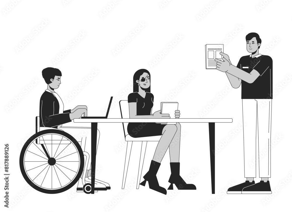 Diverse colleagues in office black and white 2D line cartoon characters. Supporting employees with disabilities at work isolated vector outline people. Corporate monochromatic flat spot illustration