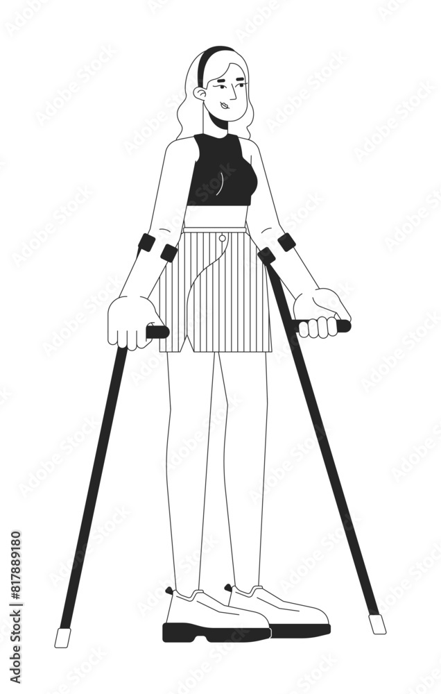 Confident woman with crutches black and white 2D line cartoon character. European female using aid in walking isolated vector outline person. Injury recovering monochromatic flat spot illustration Confident woman with crutches black and white 2D line cartoon character. European female using aid in walking isolated vector outline person. Injury recovering monochromatic flat spot illustration