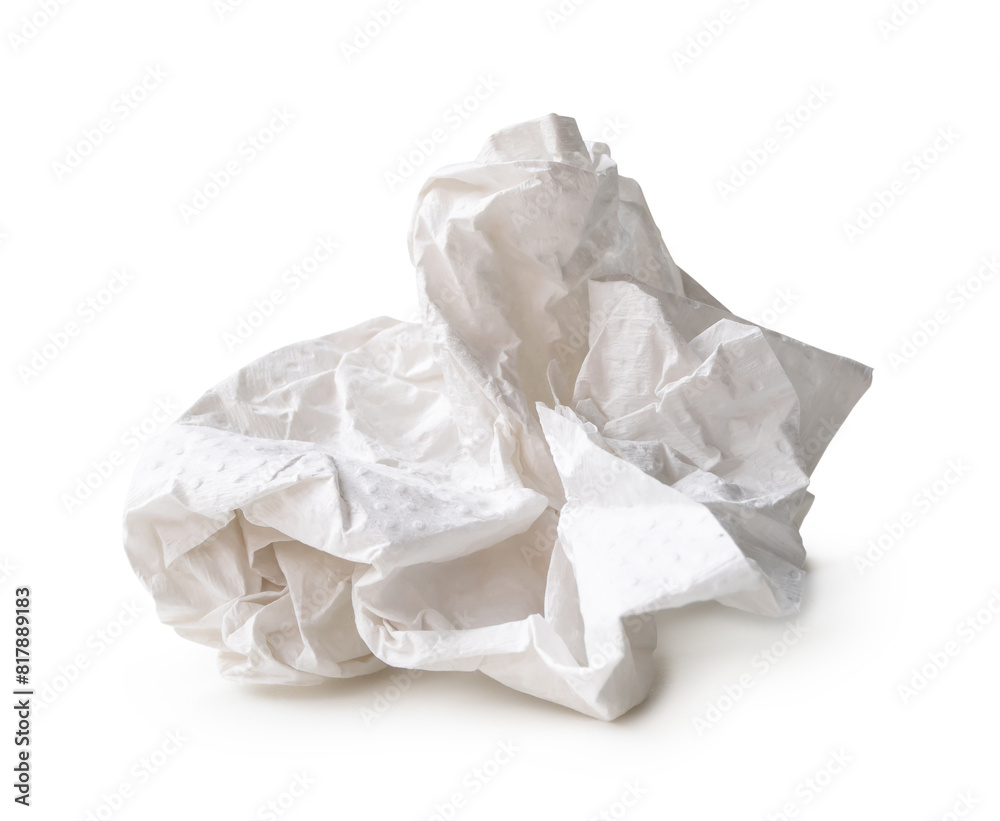 Front view of white screwed or crumpled tissue paper ball after use in toilet or restroom isolated on white backgroud with clipping path Front view of white screwed or crumpled tissue paper ball after use in toilet or restroom isolated on white backgroud with clipping path