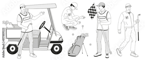 smiling golf club staff part 3 African American male  caddie, golf cart, caddy man with flag, golf ball, clubs, golf bag black and white outline vector illustration