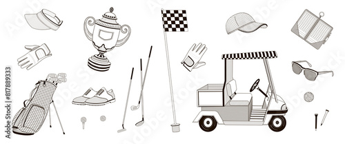 set elements about golf - clubs, shoes, flag, sunglasses, competition cup, gloves, golf bag, ball, clash notebook, golf buggy cart black and white outline illustration