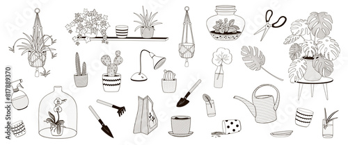 set elements about indoor greenery and home plants with plant pot, plants, watering can, grow lamp black and white outline vector illustration