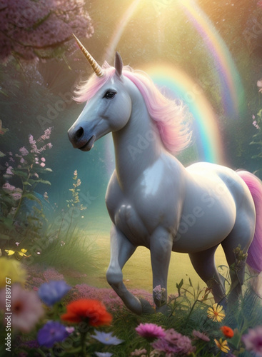 In a whimsically enchanting magical landscape a dazzling dreamlike rainbow unicorn gallops in a meadow of pastel-hued flowers