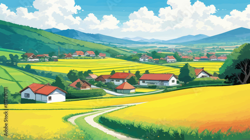 a painting of a rural landscape with houses
