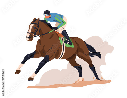 Jockey riding racehorse. Equestrian rider on race horse. Horseman on horseback, running fast. Equine sport, thoroughbred stallion in motion. Flat vector illustration isolated on white background