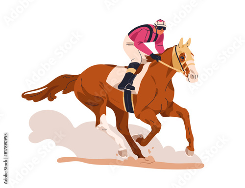 Jockey on sports racehorse. Equestrian, horse rider. Galloping stallion in action, racing rushing fast on track. Horseman riding horseback. Flat vector illustration isolated on white background
