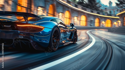 Show the thrill  a rear view of a sleek blue car navigating a high-speed curve.